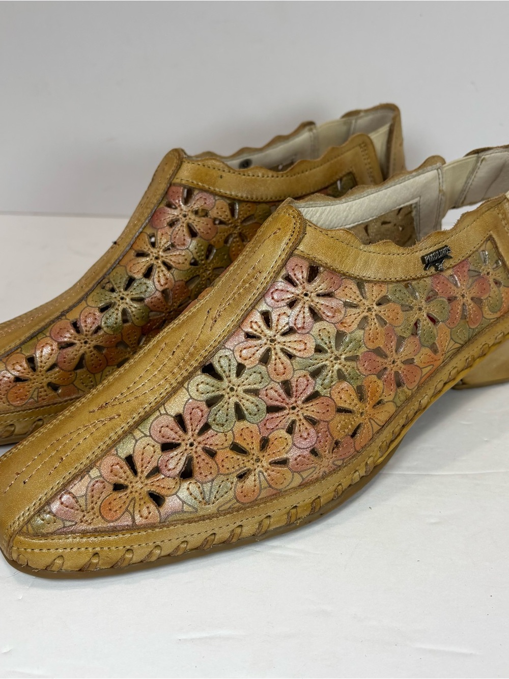 Vtg Pikolinos Romana Slingback Leather Floral Sandals Brandy US 7 Cottagecore
